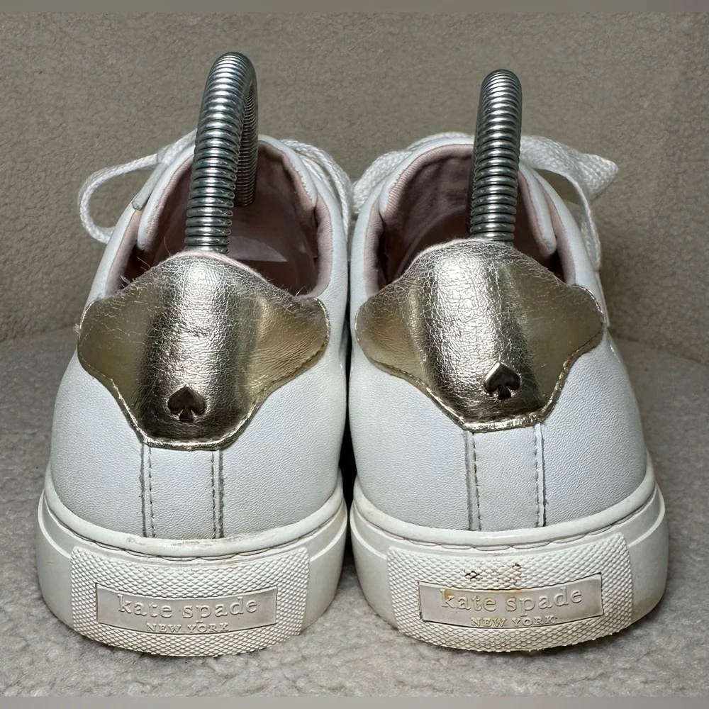 Kate Spade Aster New York White‎ Leather Perforated Sneakers Gold Spade Logo 9.5